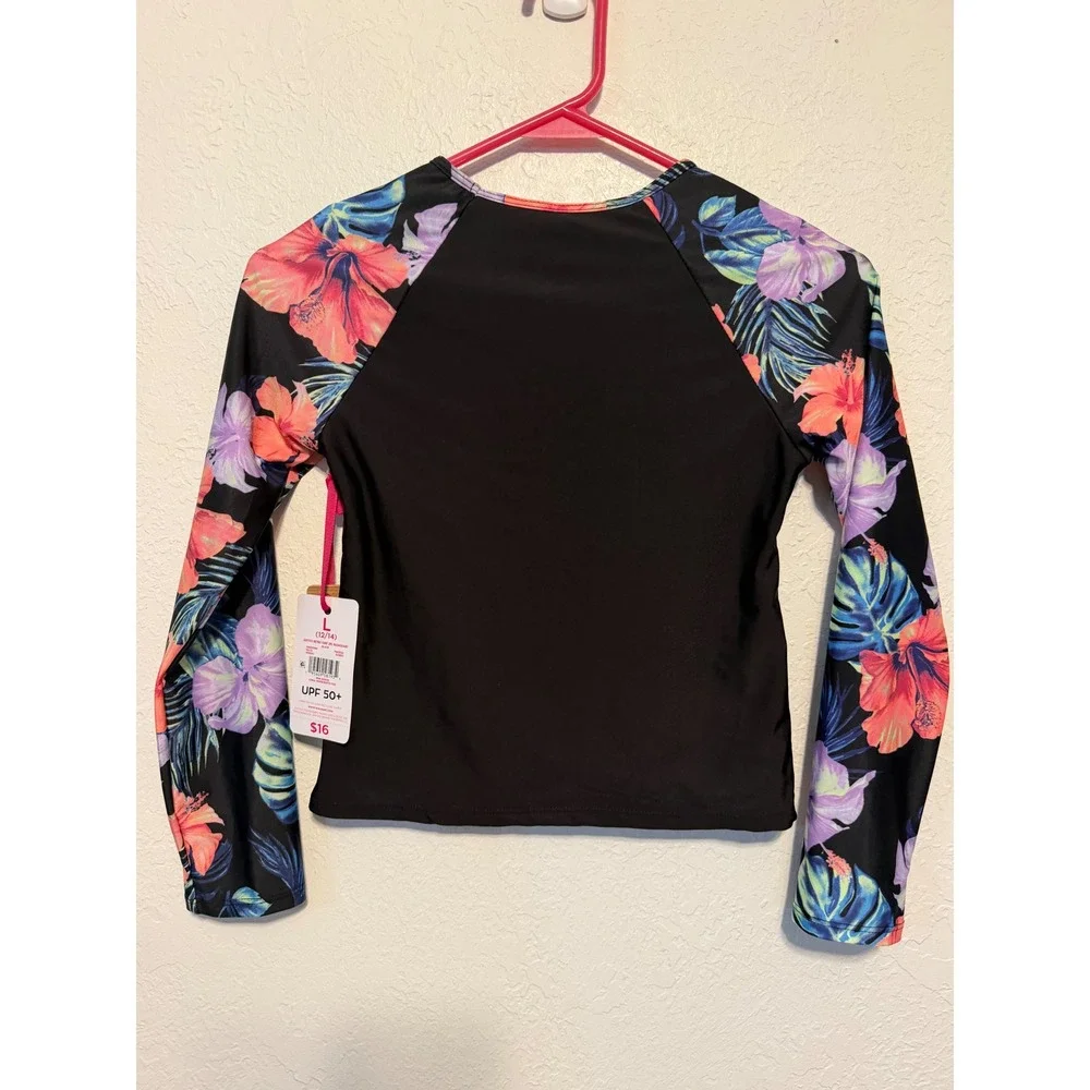 Justice Girls Retro Surf Rash Guard Swim Top Black Floral UPF 50+ Size L 12/14